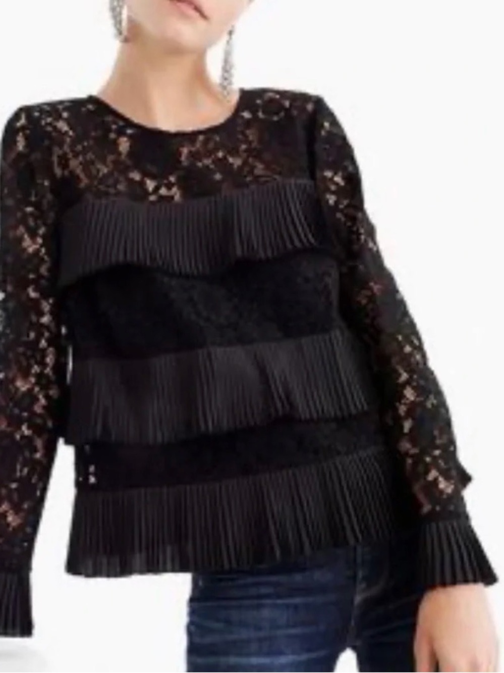 J. Crew Black Lace & Pleated Tiered Long-Sleeve Top
